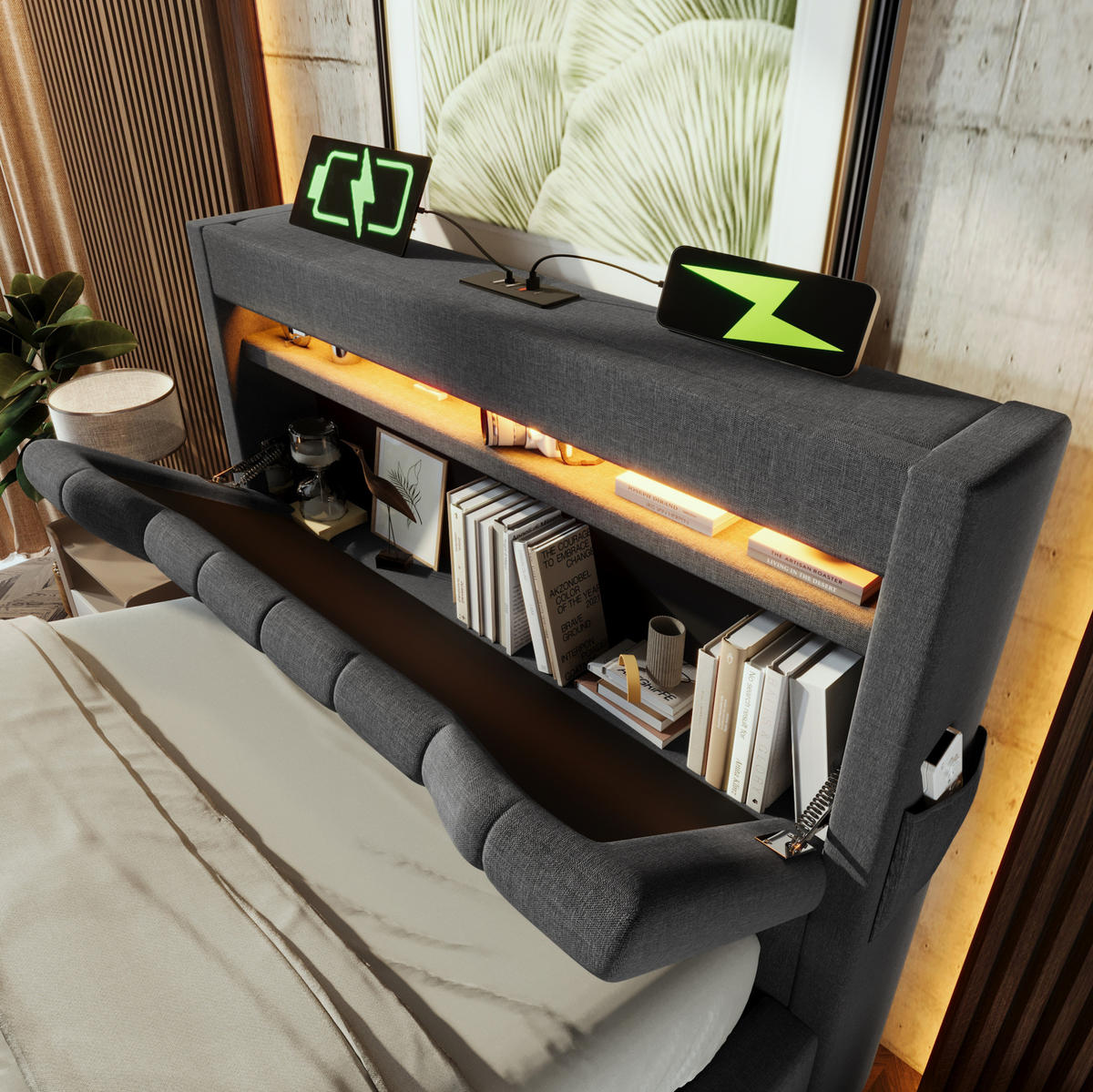 POLSTERBETT 90/200 cm Grau mit Stauraum, LED und USB- und Type-C-Anschlüssen - Grau, Textil (90/200cm) - Flora Grace