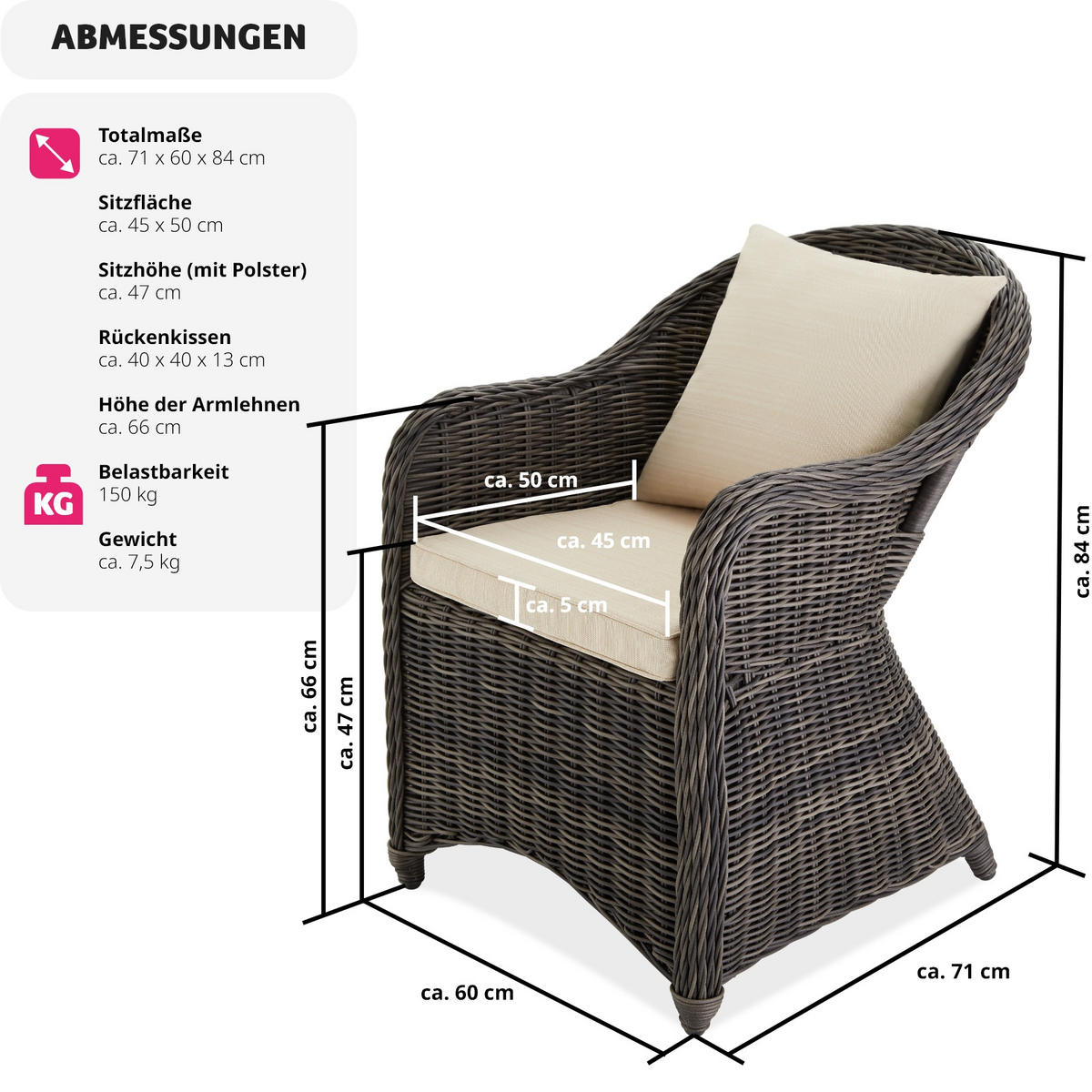 RATTANSESSEL 2er Set, 71 x 60 x 84 cm,grau - Grau, Kunststoff (60/84/71cm) - tectake