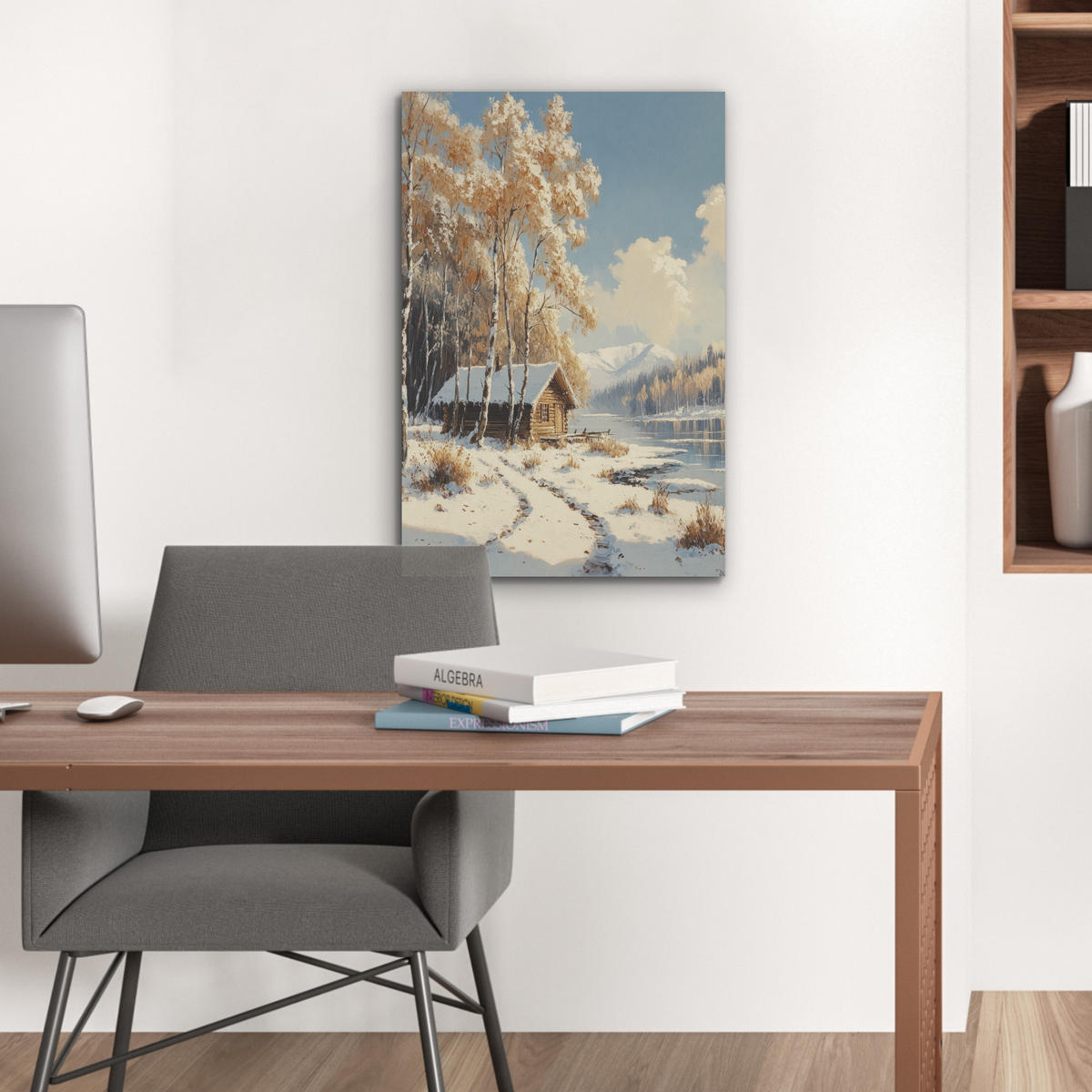AKUSTIKBILD Winter - Schnee - Zuhause - Natur Kunstdruck Schlafzimmer 50x70 cm - Hellbraun, Kunststoff (50/70/0.9cm) - MuchoWow