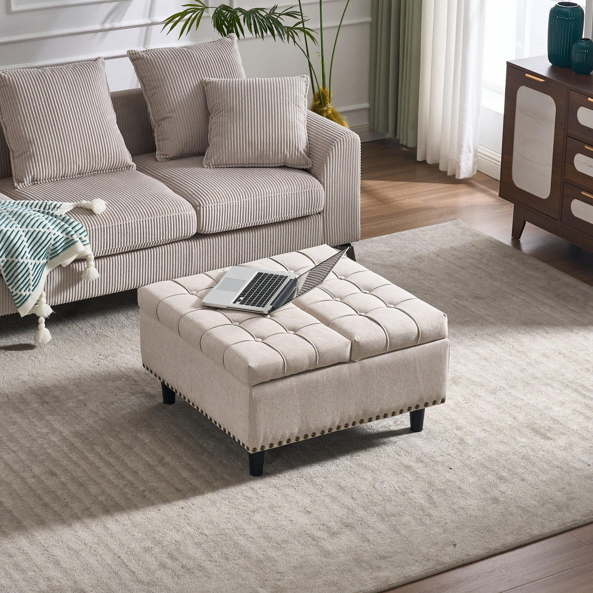 HOCKER Couchtisch,Aufbewahrungsstuhl,höhenverstellbar,Leinen,Beige - Beige, Metall (75/41/75cm) - LVHOM