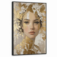 LEINWAND Bilder mit Rahmen - Gesicht - Frau - Blätter - Gold - 60x90 - Beige, Textil (60/90cm) - MuchoWow