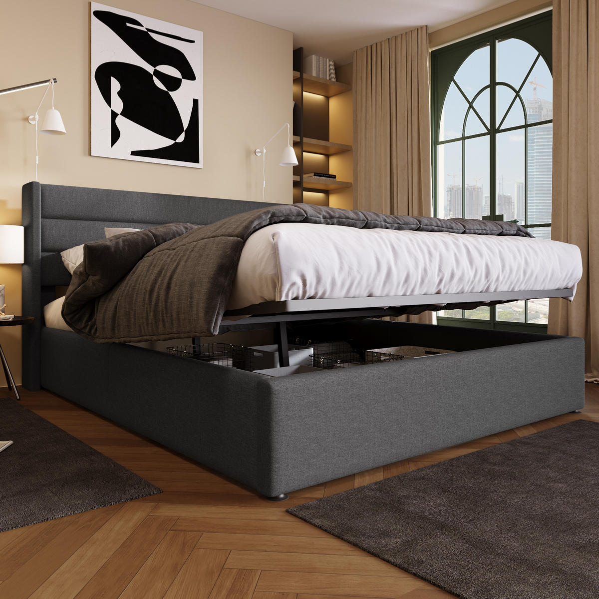 POLSTERBETT 160/200 cm mit hydraulischem Bettkasten, gepolstertes Kopfteil, Grau - Grau, Textil (160/200cm) - Redom
