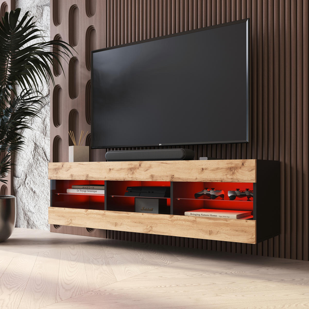 LOWBOARD TIVOLI RTV 140, Wotan, LED Mehrfarbige - Eiche Wotan/Schwarz, Glas/Holzwerkstoff (140/40.5/35.5cm) - Komodee
