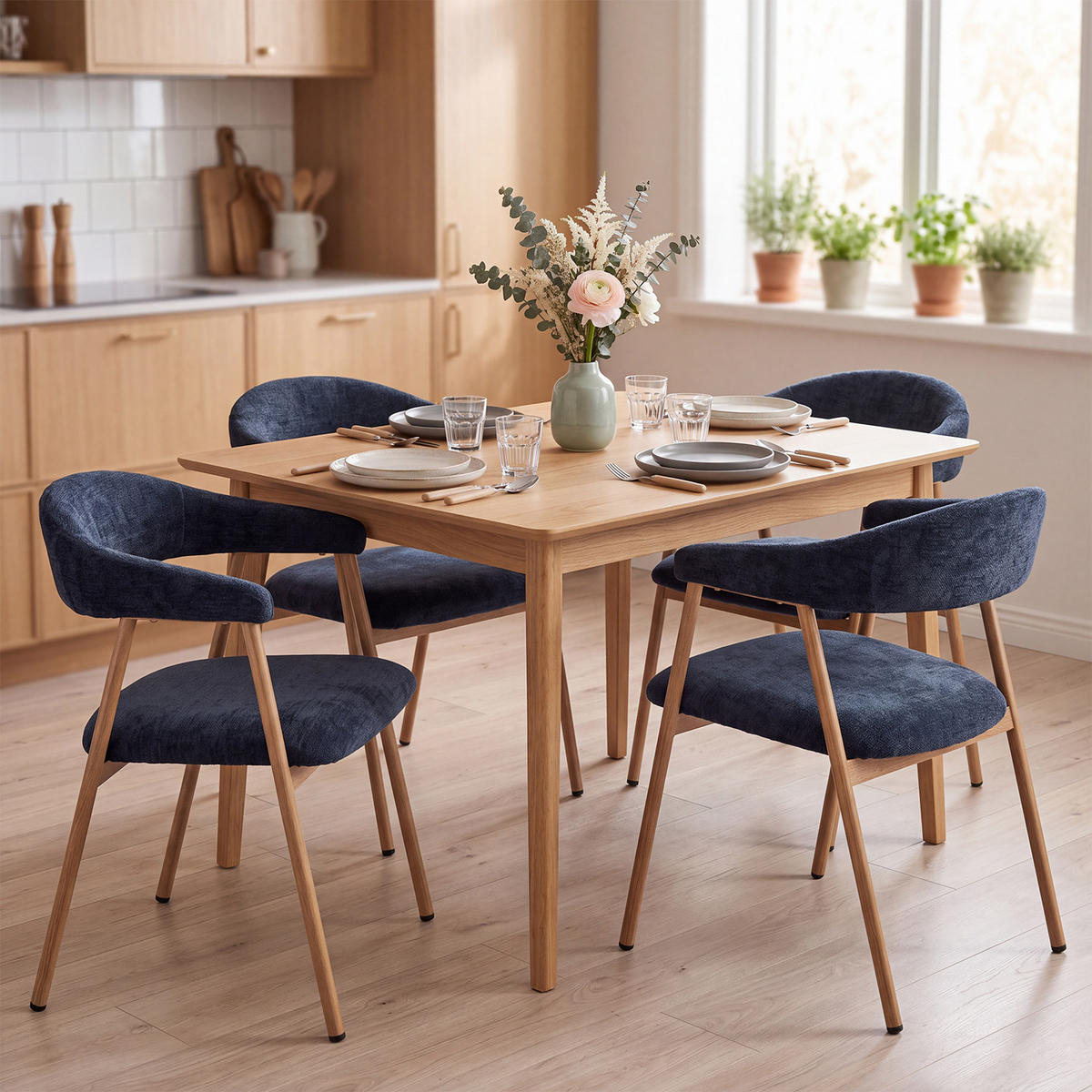 ESSZIMMERSTÜHLE 4er-Set, gepolstert, Chenille, Metallbeine in Holzoptik, Blau - Blau, Textil (61/80.5/59cm) - Meubles Cosy