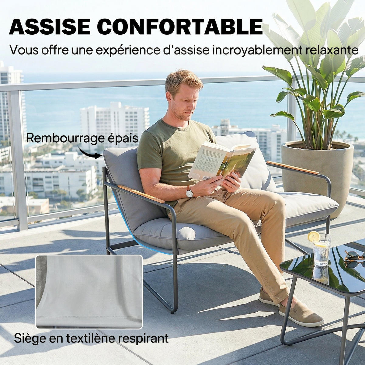 GARTENSET DE-13541 4-teilig mit 13 cm Kissen & Glastisch Hellgrau - Hellgrau, Metall - ComfortXL