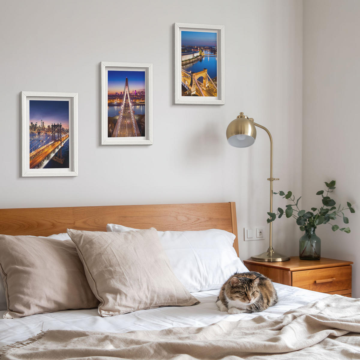 BILDER SET 3er Set - 20x30 cm Weißer Rahmen - Städte bei Nacht, Brücken, Flüsse - Weiß, Kunststoff (20/30cm) - TULUP