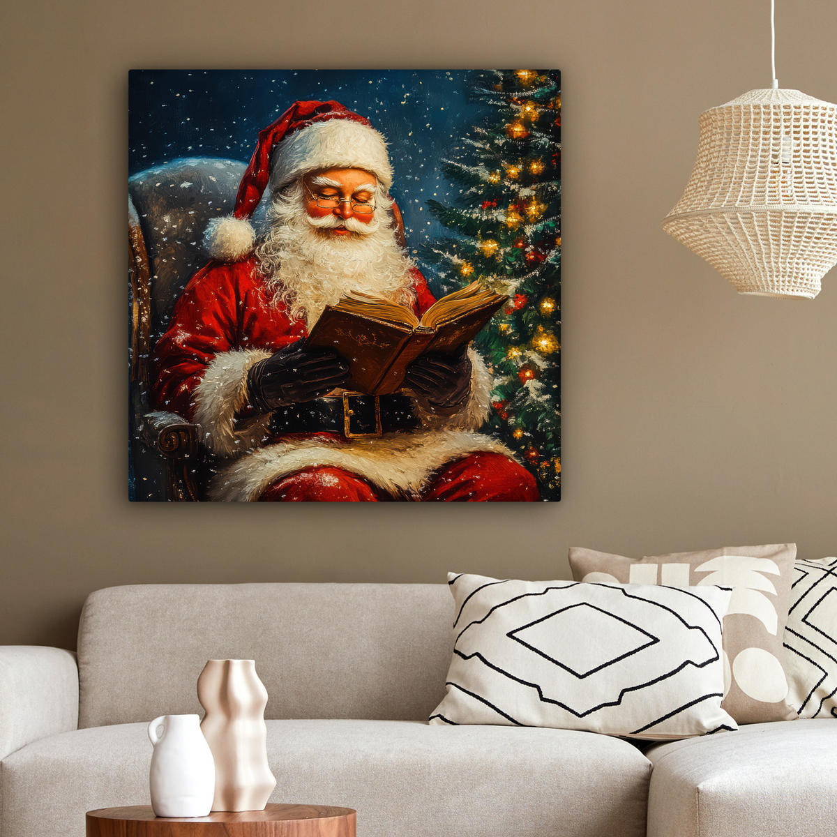 LEINWANDBILD Weihnachtsmann - Weihnachten - Winter - Weihnachtsbaum 90x90 cm - Bordeaux, Textil (90/90cm) - MuchoWow