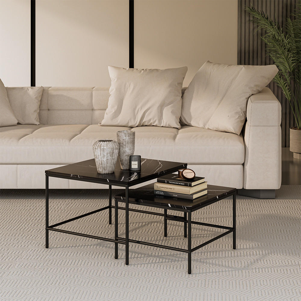 COUCHTISCH-SET Ramio Schwarzer Marmor 60 x 60 cm 2 Teile - Schwarz Hochglanz/Schwarz, Holzwerkstoff (60/60/45cm) - Vicco