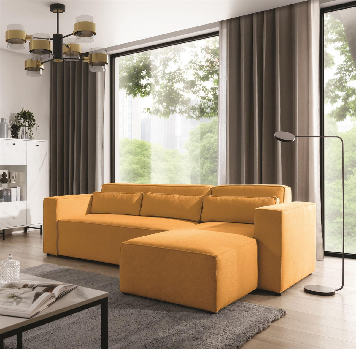 ECKSOFA Schlafsofa Waldo In Stoff Poso - Currygelb, Holzwerkstoff/Textil (260/173cm) - Fun Möbel