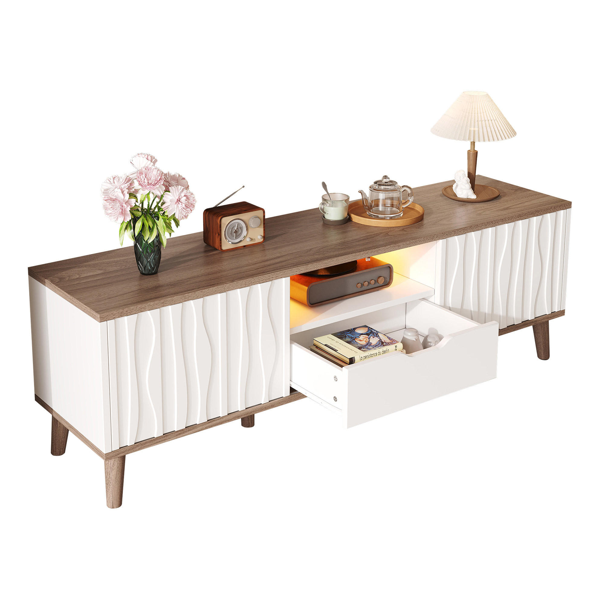 TV-ELEMENT mit LED-Beleuchtung 160 x 40 x 52 cm Weiß Deep Walnut - Weiß, Holzwerkstoff (40/52/160cm) - Beauniv