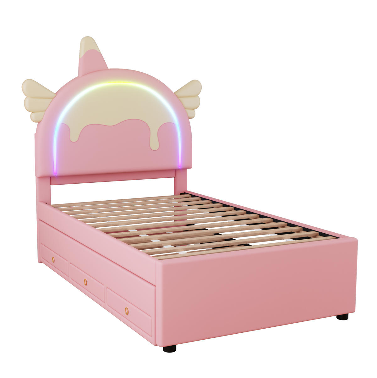 KINDERBETT 90/200 cm aus PU und MDF mit Einhorn-Kopfteil und ausziehbarem Rollbett Rosa - Rosa, Kunststoff (90/200cm) - Modenvie
