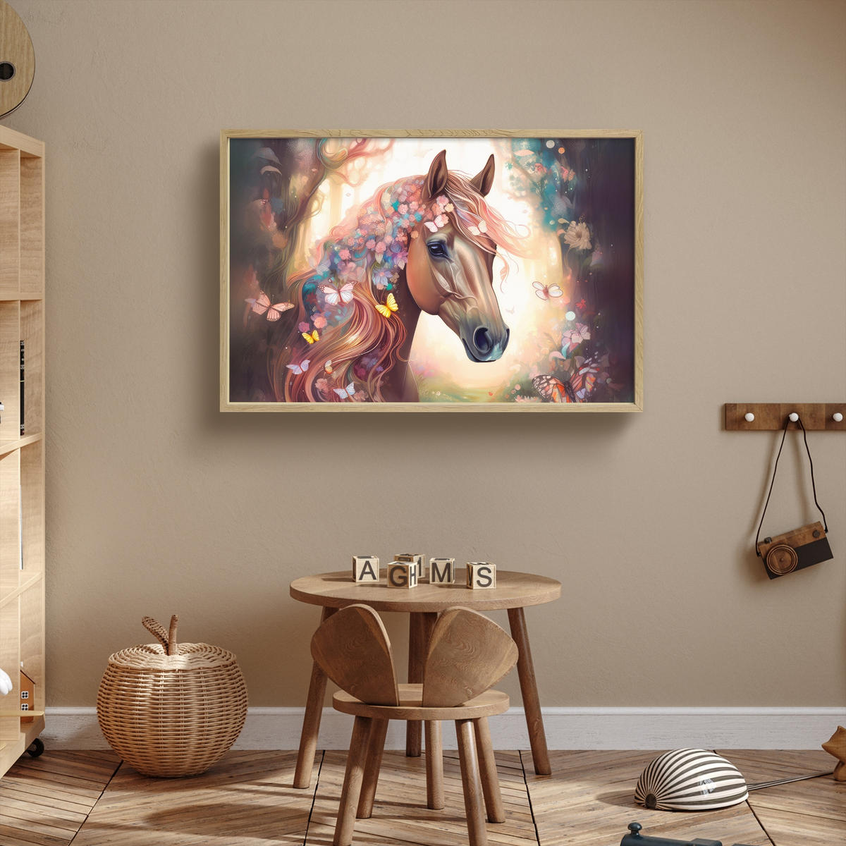 NÁSTĚNNÁ LAMPA S AKUMULÁTOREM Kůň - Příroda - Květiny - Motýli - Les 90x60 cm - tmavě hnědá, kompozitní dřevo (90/60/8cm) - OnlyWow