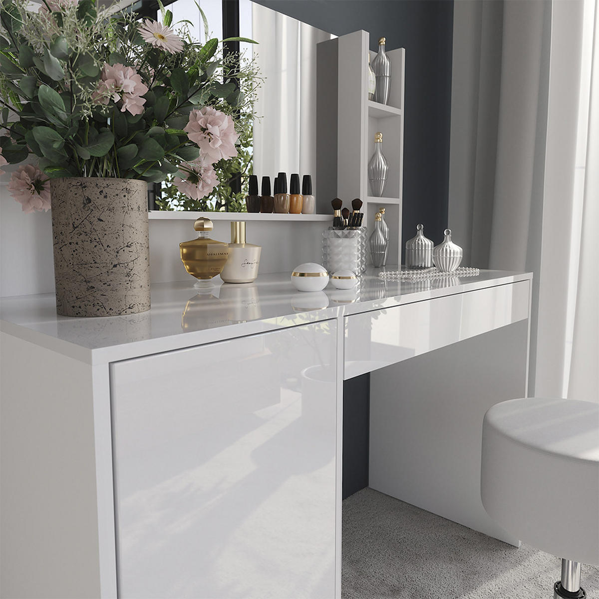 SCHMINKTISCH Sherry Weiß/Weiß Hochglanz 119.8 cm 5 Teile - Weiß Hochglanz, Holzwerkstoff (119.8/76/50.1cm) - Vicco