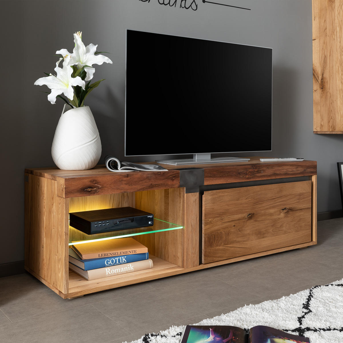 TV-BOARD Wildeiche / Zerreiche 150x48x50 natur geölt NEW AMSTERDAM #01 - Naturfarben, Holz (150/50/48cm) - Massivmoebel24