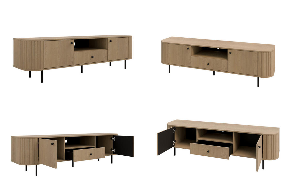 TV-SCHRANK Olivia 180 cm, mit 2 Türen, Schublade, geriffeltem Design, eiche sonoma, schwarzfarbenen Metallfüßen - Sonoma Eiche, Metall (180/50/43cm) - Margaret Hadas24