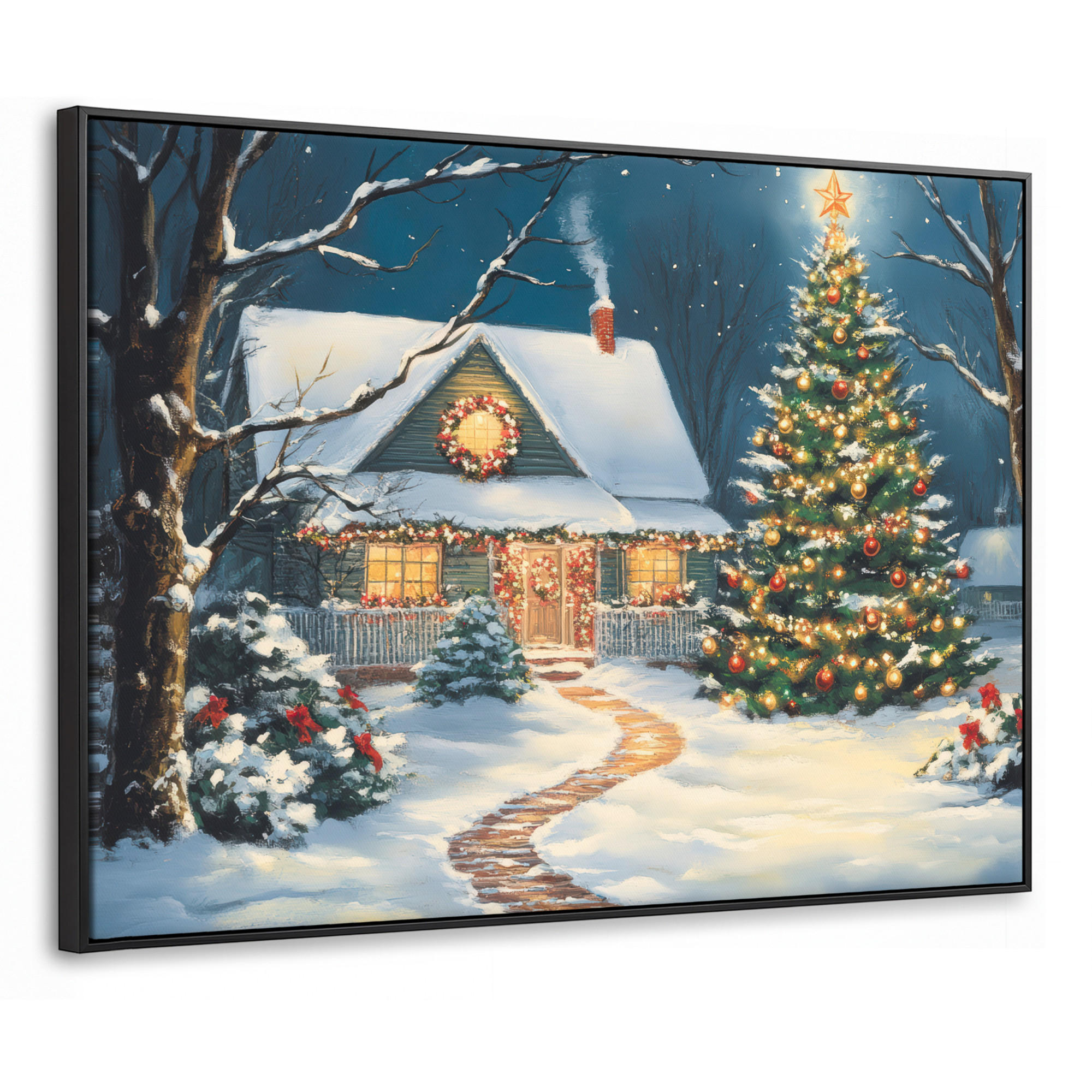 LEINWAND Bilder mit Rahmen - Weihnachten - Weihnachtsbaum - Winter - Zuhause - Schnee - 100x70 - Smaragdgrün, Textil (100/70cm) - MuchoWow