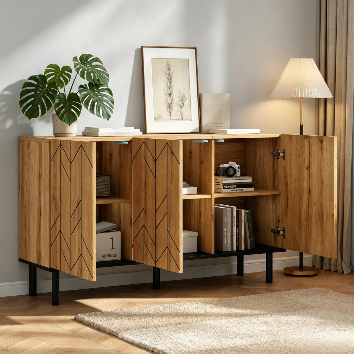 BUFLET 120cm cu Wellenmuster-Optik & 3 Türen - culoare naturală, compozit lemnos (120/70/35cm) - Urban Meuble
