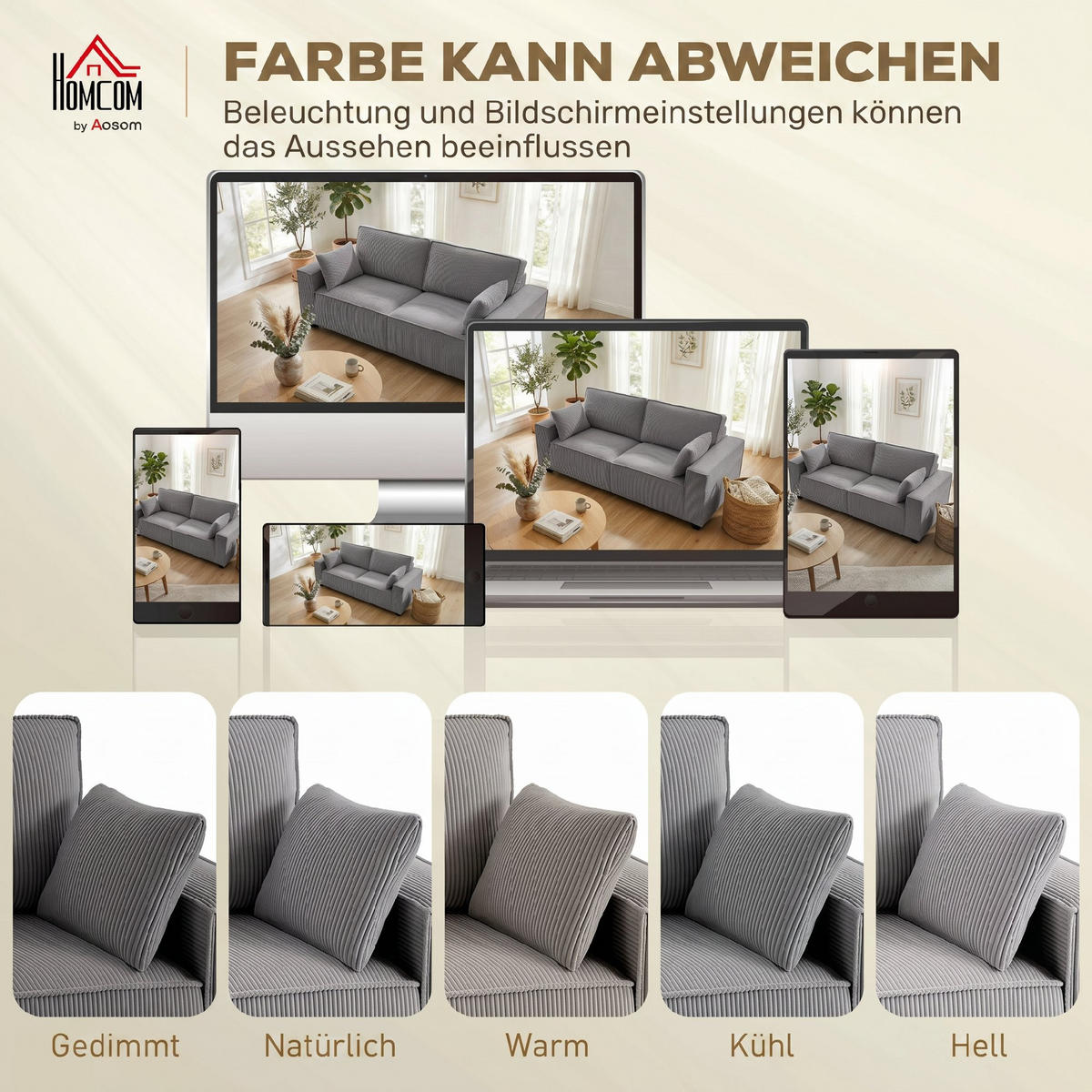 SOFA, 3-Sitzer, Cord, 218cm, hellgrau, 2 Kissen, Taschenfederpolsterung - Multicolor, Holzwerkstoff (218/91/79cm) - FORIOUS