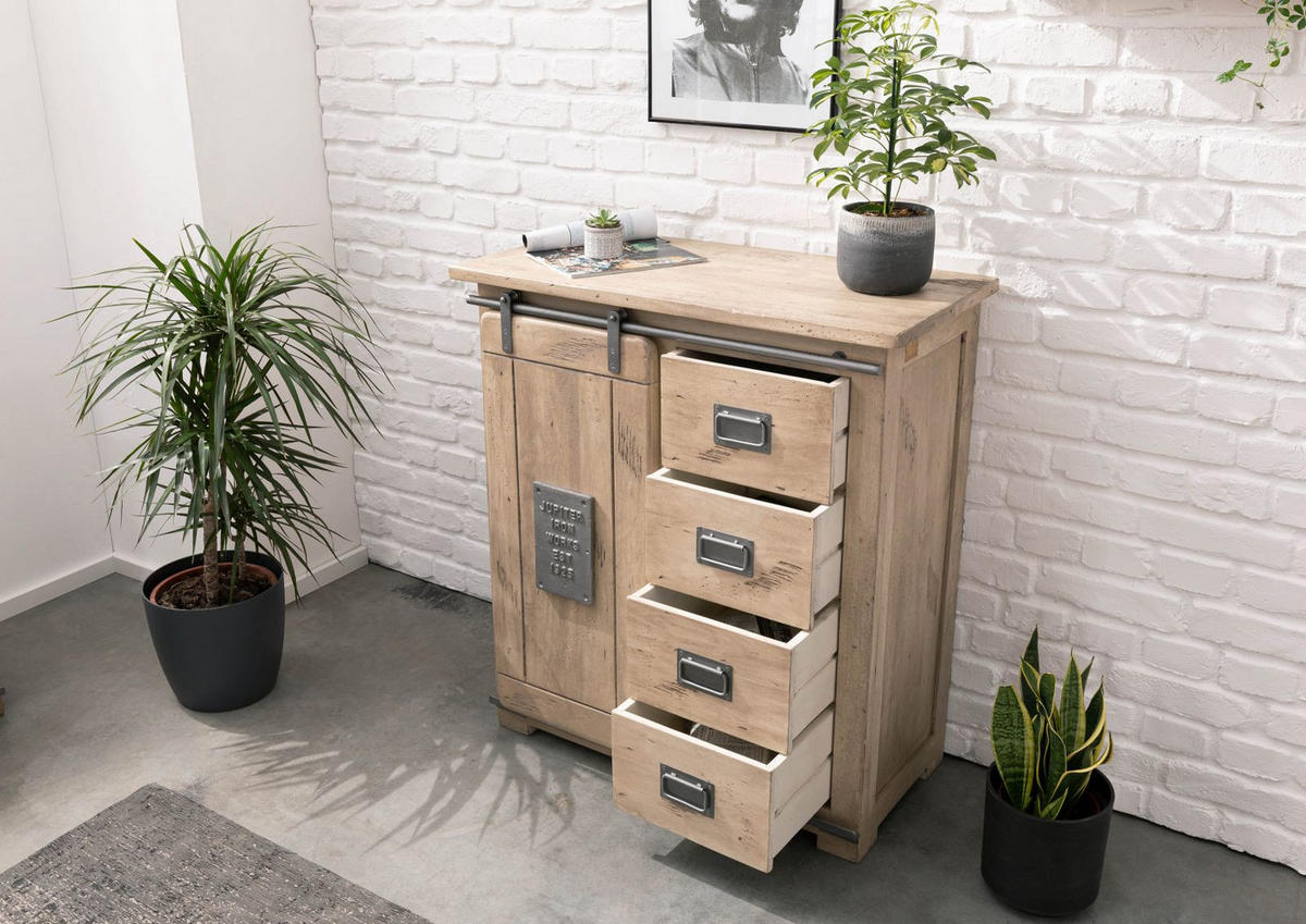 KOMMODE Mango 90x45x100 whitewash lackiert RAILWAY #303 - Beige, Holz (90/100/45cm) - Massivmoebel24
