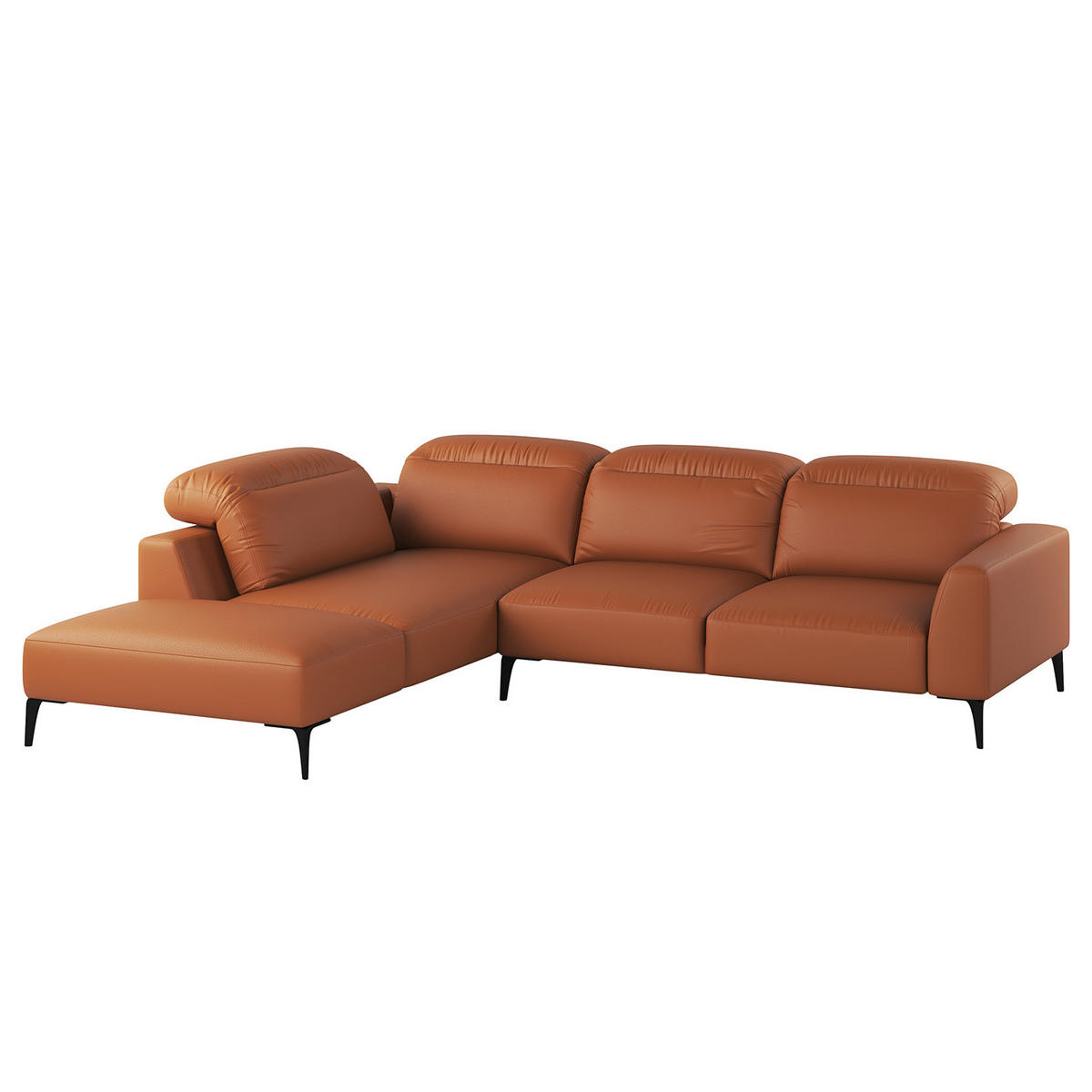 ECKSOFA mit Ottomane - Kastanienfarben/Schwarz, Leder/Metall (263/238cm) - home24
