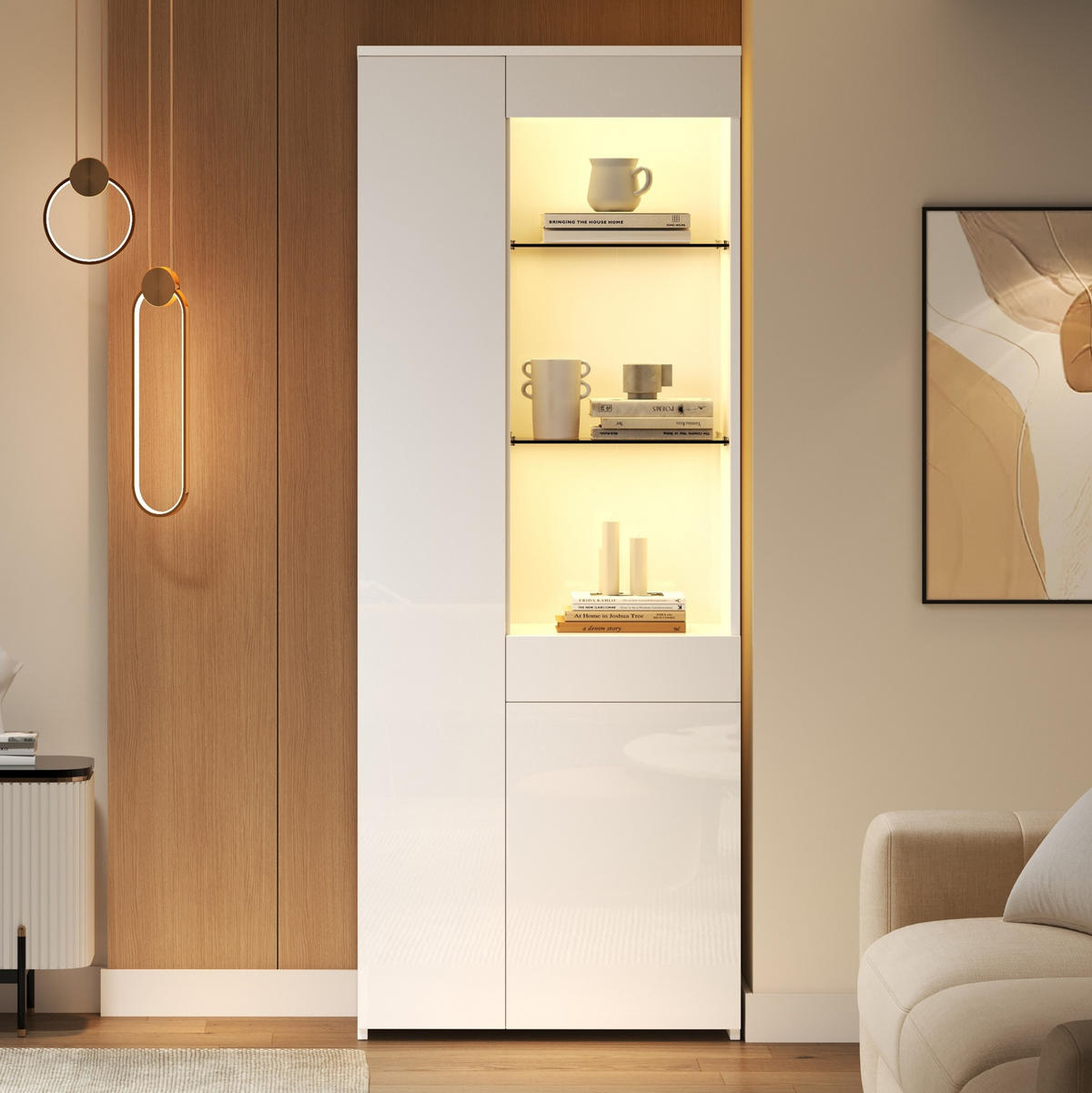 VITRINE 70/35/180 cm aus Spanplatte mit LED-Beleuchtung und Hochglanzfront Weiß - Weiß, Holzwerkstoff (70/180/35cm) - Modenvie