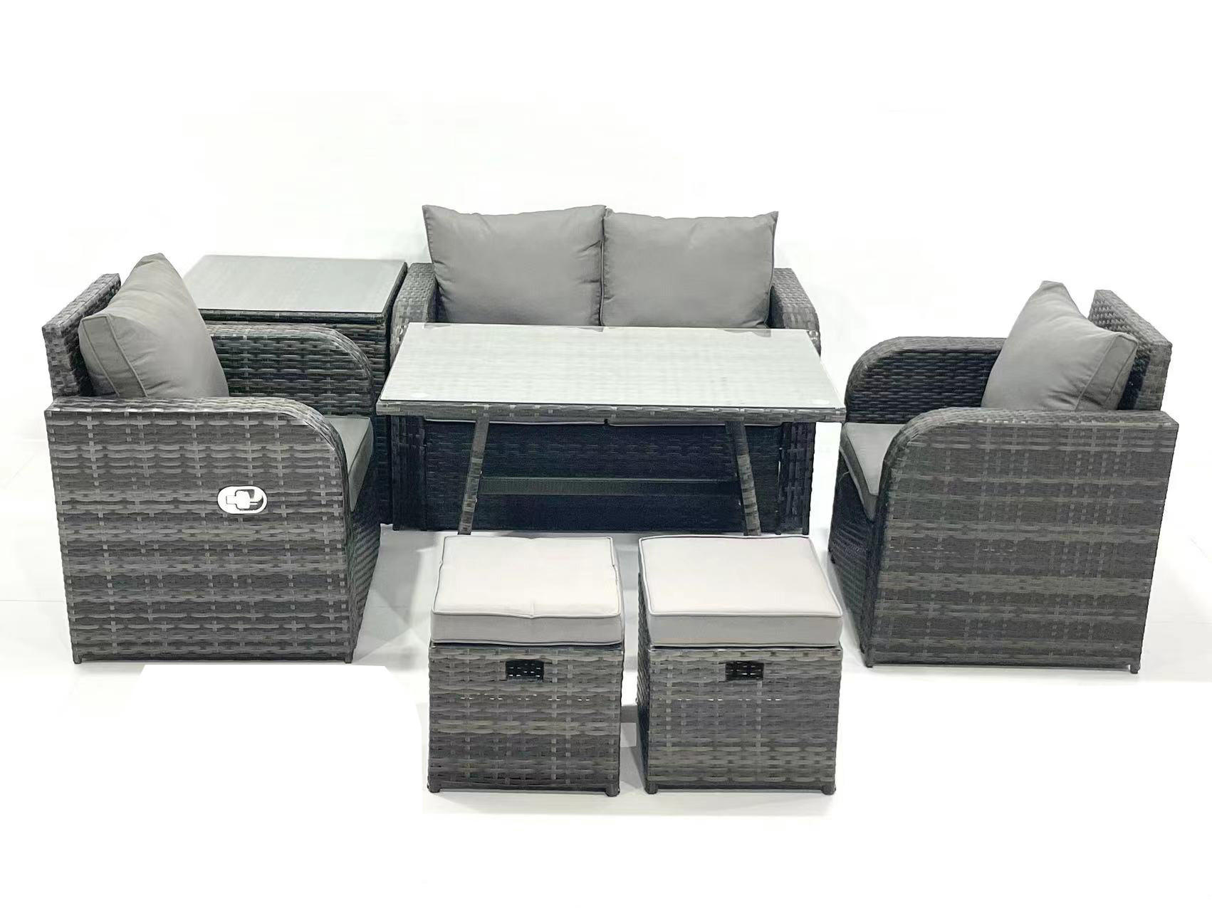 GARTENMÖBEL SET mit COUCHTISCH Polyrattan Dunkelgrau 6-Sitzer - Dunkelgrau/Grau, Glas/Kunststoff - Fimous