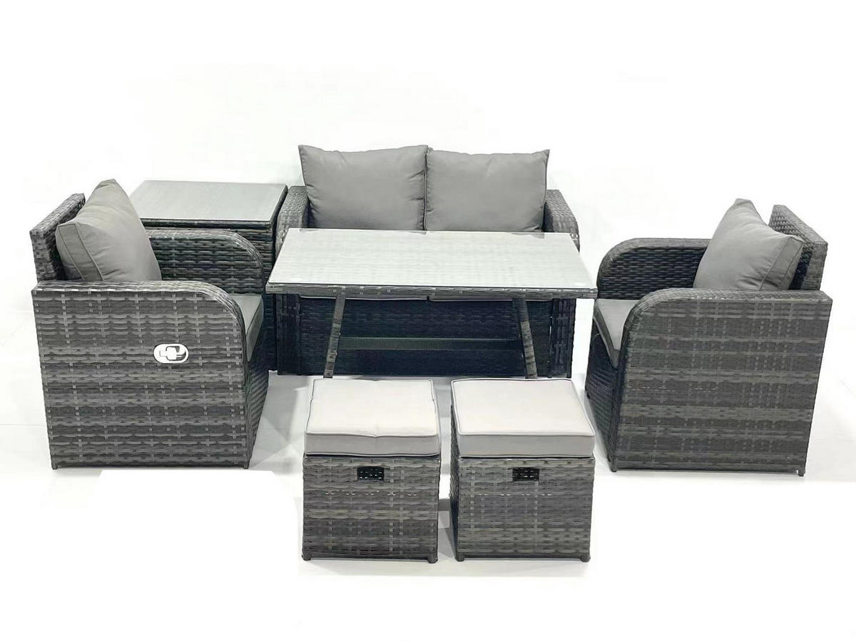 GARTENMÖBEL SET mit COUCHTISCH Polyrattan Dunkelgrau 6-Sitzer - Dunkelgrau/Grau, Glas/Kunststoff - Fimous