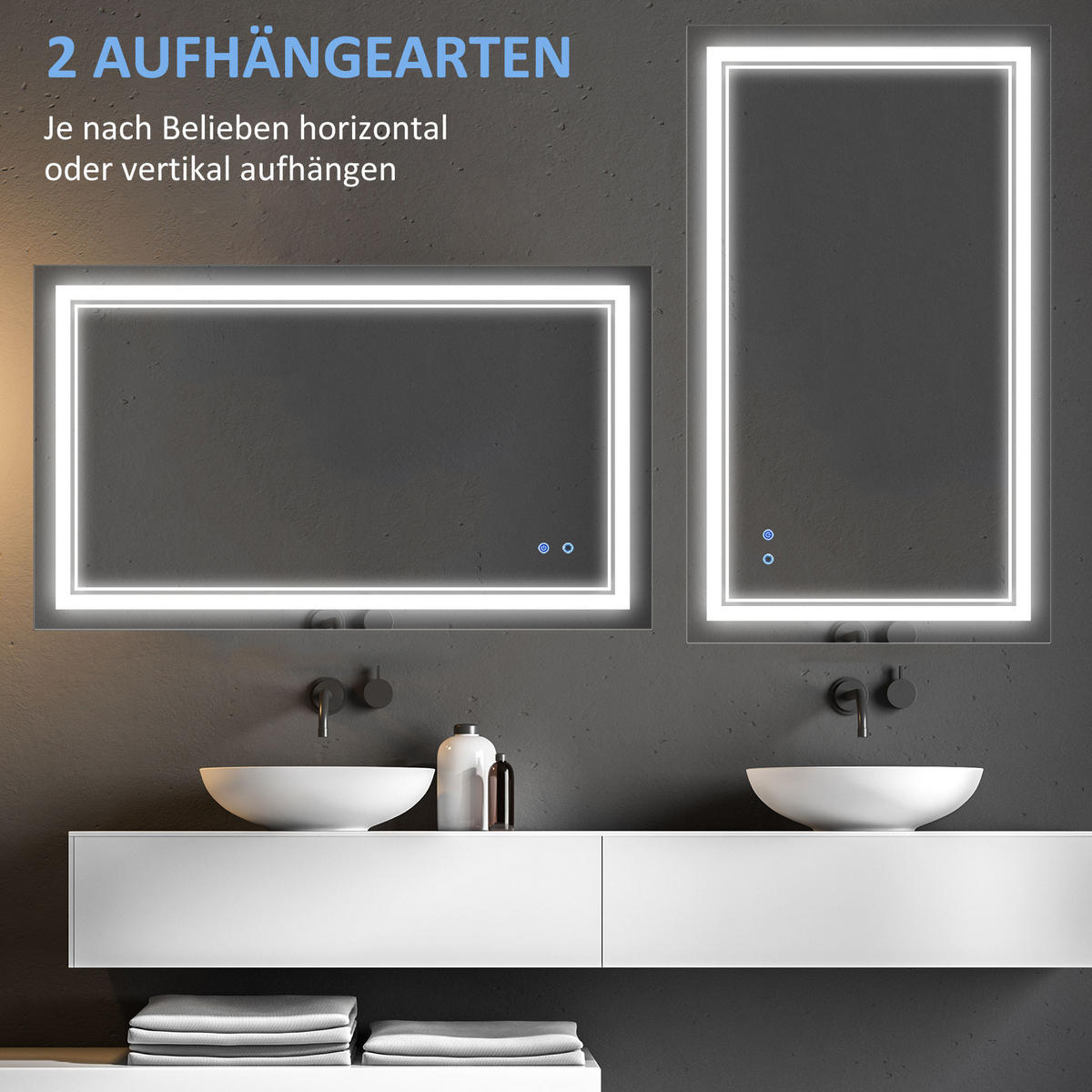 BADSPIEGEL mit LED-Beleuchtung, Touchschalter, IP44 Wasserdicht, 100 x 60 cm - Silberfarben, Glas (60/3.2/100cm) - Kleankin