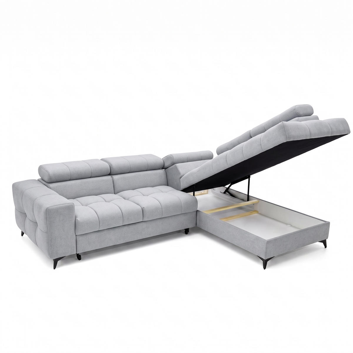 ECKSOFA PUDDING L Rechts mit Schlaffunktion 125x195 Velours Hellgrau - Hellgrau/Schwarz, Holz/Textil (275/203cm) - Muffo