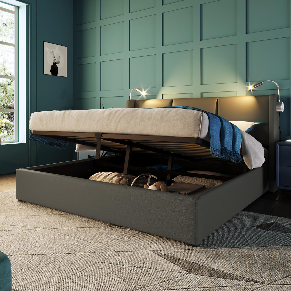 BETT mit Stauraum und Leselicht 140x200 cm PU Grau - Grau, Metall (140/200cm) - Beauniv