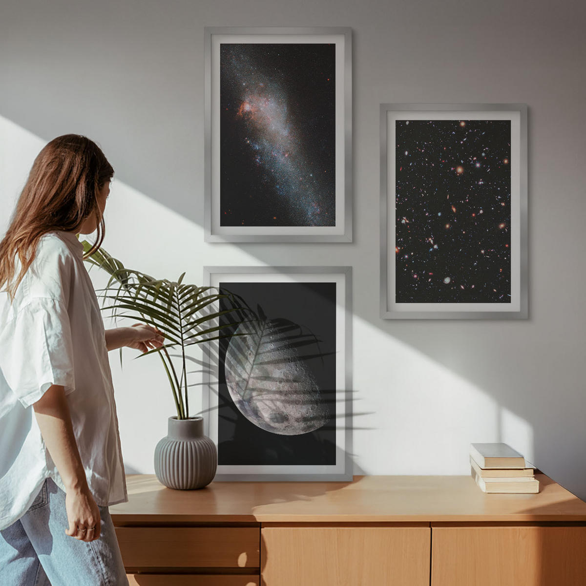 BILDER SET 3er Set - 40x60 cm Silberner Rahmen - Weltraum Galaxien Sterne Mond - Silberfarben, Kunststoff (40/60cm) - TULUP