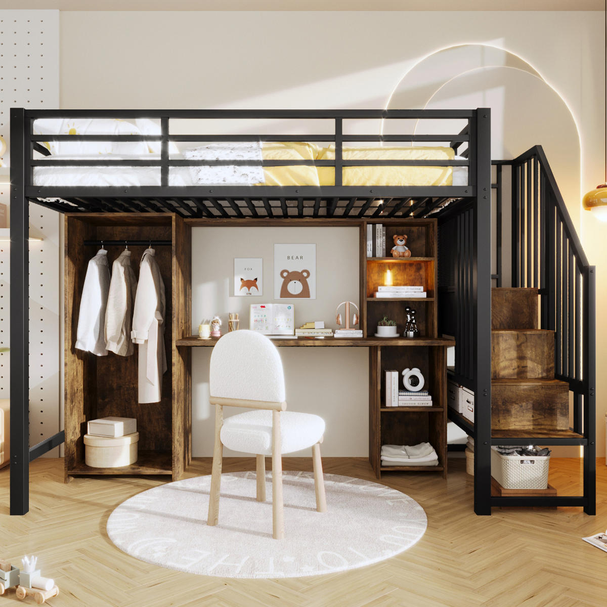 HOCHBETT 90/200 cm mit Kleiderschrank, Schreibtisch und Stauraumstufen aus Metall und MDF, Schwarz - Schwarz, Metall (90/200cm) - Redom