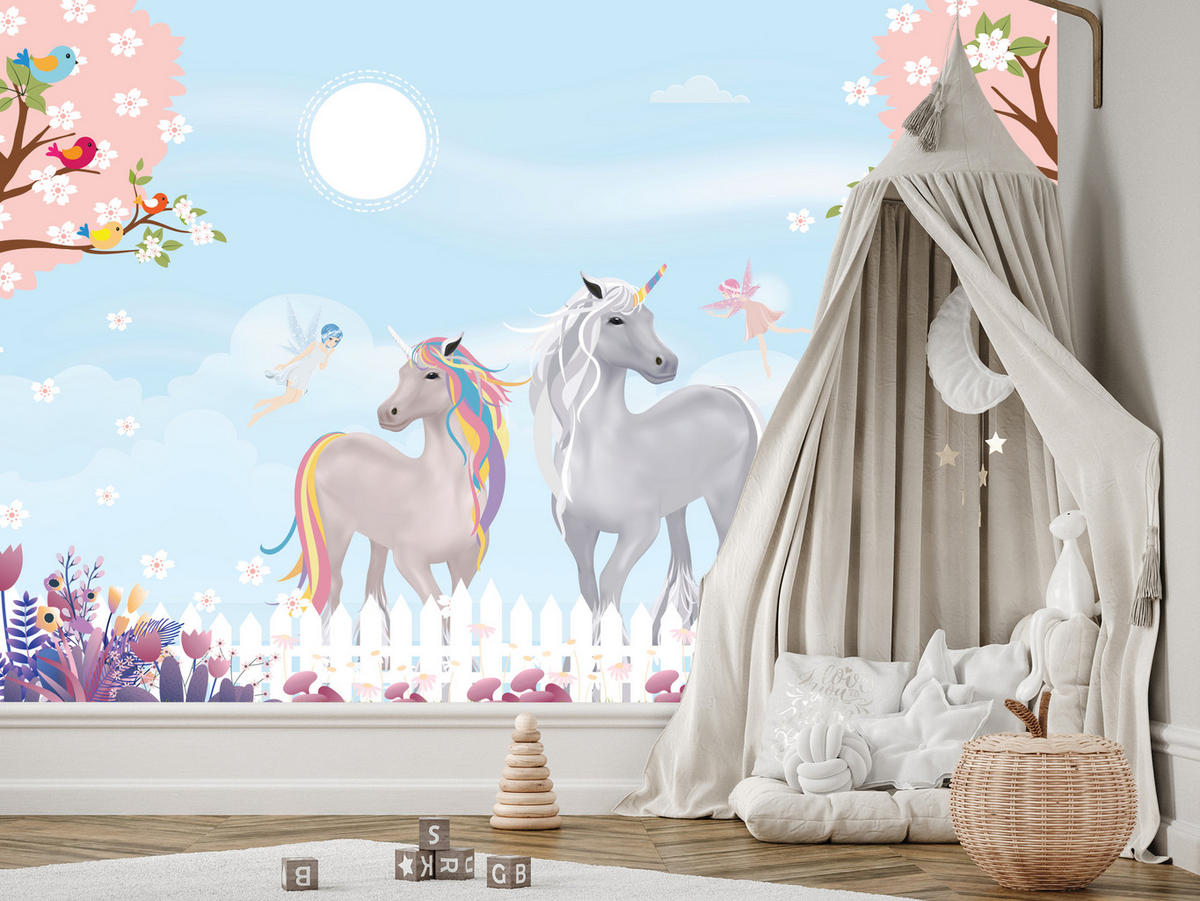 FOTOTAPETE für Kinderzimmer Einhörner Wiese Vögel Bäume Blumen 300x210 - Multicolor, Papier (300/210cm) - Muralo