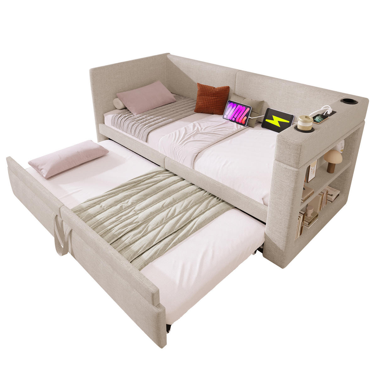 POLSTERBETT aus Baumwoll-Leinen 90x200 cm in Beige mit Ausziehbett & Ladestation - Beige, Textil (90/200cm) - Modfu