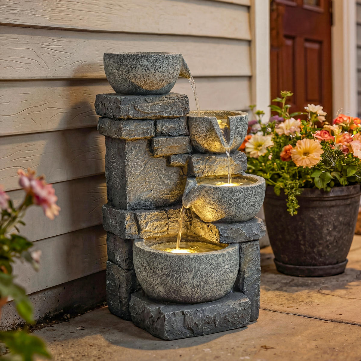 GARTENBRUNNEN DE-18872 4-stufige Kaskade mit LED Grau - Grau, Kunststoff (28/25/54.5cm) - ComfortXL