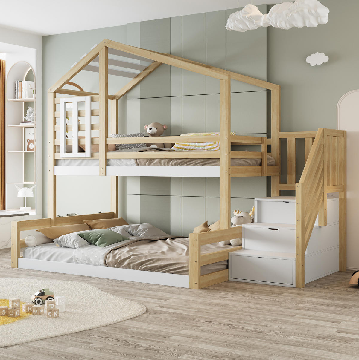 ETAGENBETT 90/200 & 140/200 cm mit Hausdesign, Fenster, Stauraumtreppe und Rundumgeländer aus Kiefer , Natur - Naturfarben, Holzwerkstoff (90/200cm) - Redom