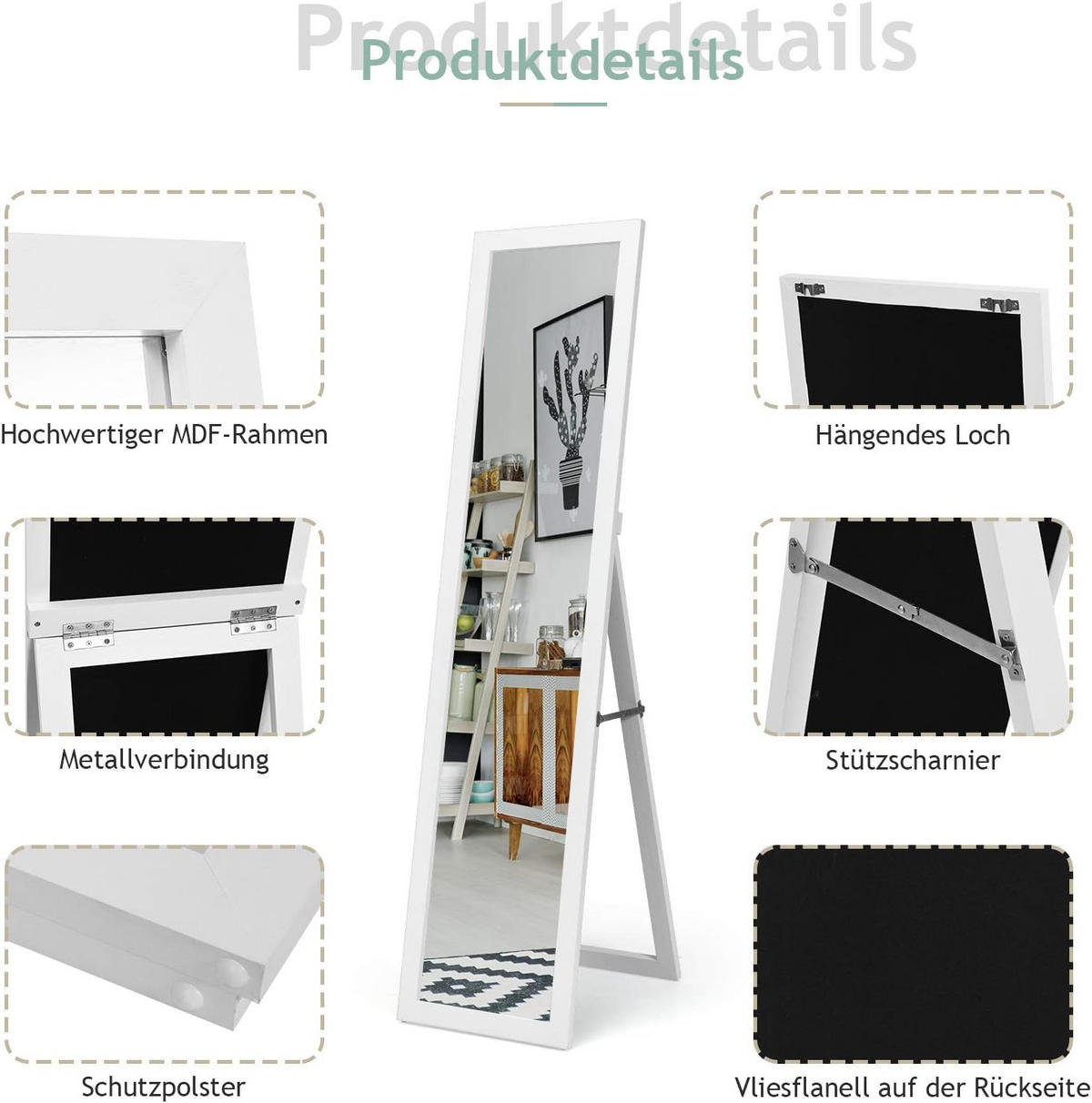 STANDSPIEGEL mit Holzrahmen Weiß - Weiß, Glas (50/155/37cm) - COSTWAY