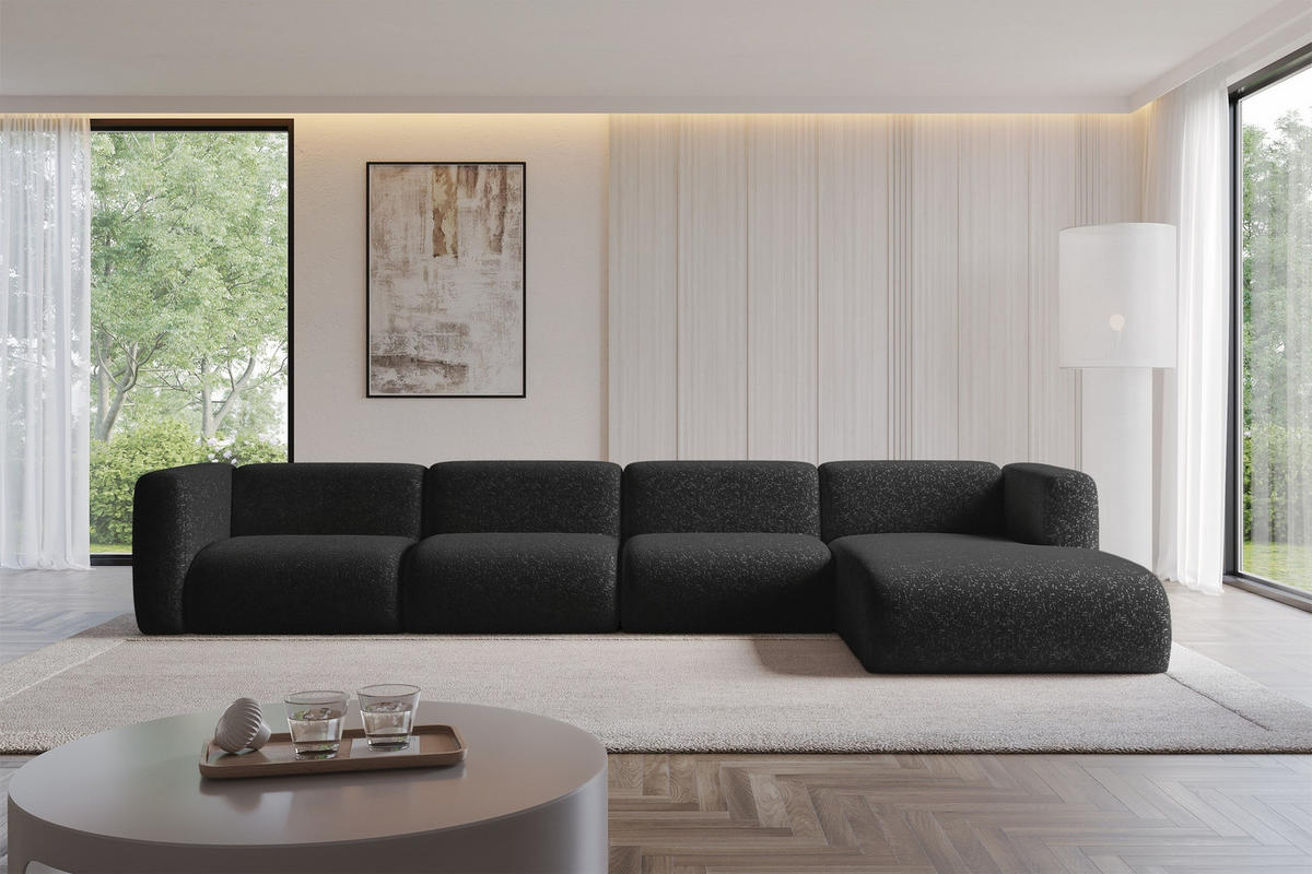 ECKSOFA Ottomane Rechts MIRA-L3 409x179x70 Schwarz Velours - Schwarz, Holzwerkstoff/Kunststoff (409/179cm) - ALTDECOR
