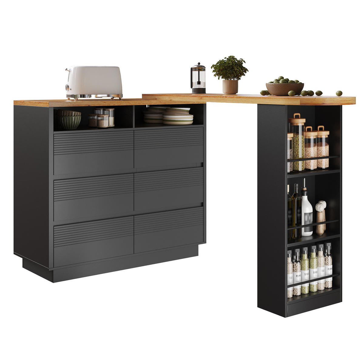 BARTISCH ausziehbar 137-215 x 39 x 102,3 cm MDF Schwarz mit 6 Schubladen - Schwarz, Holzwerkstoff (39/102.3/215cm) - Meubliv