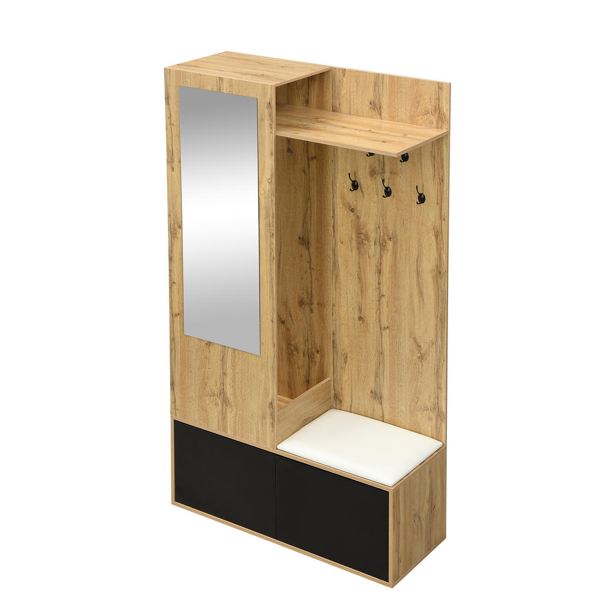 GARDEROBE mit Spiegel, Schuhablage und Sitzbank, 5 Haken, 100/38/191 cm - Schwarz, Holzwerkstoff (100/191/38cm) - BEAOK