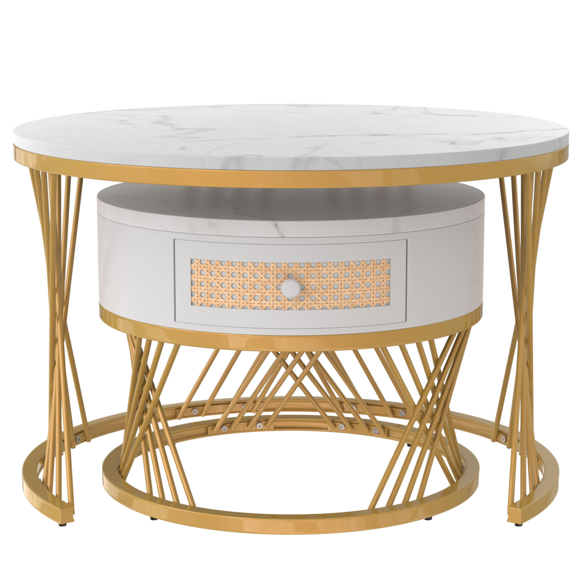 COUCHTISCH-SET 70/70/45,5 + 50/50/38,5 cm in Weiß mit Schublade und Marmormuster - Weiß, Holzwerkstoff (70/70/48cm) - Flora Grace
