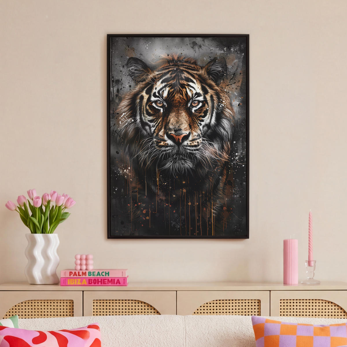 LEINWAND Bilder mit Rahmen - Tiger - Tiere - Porträt - Luxus - Schwarz - 60x90 - Braun, Textil (60/90cm) - MuchoWow