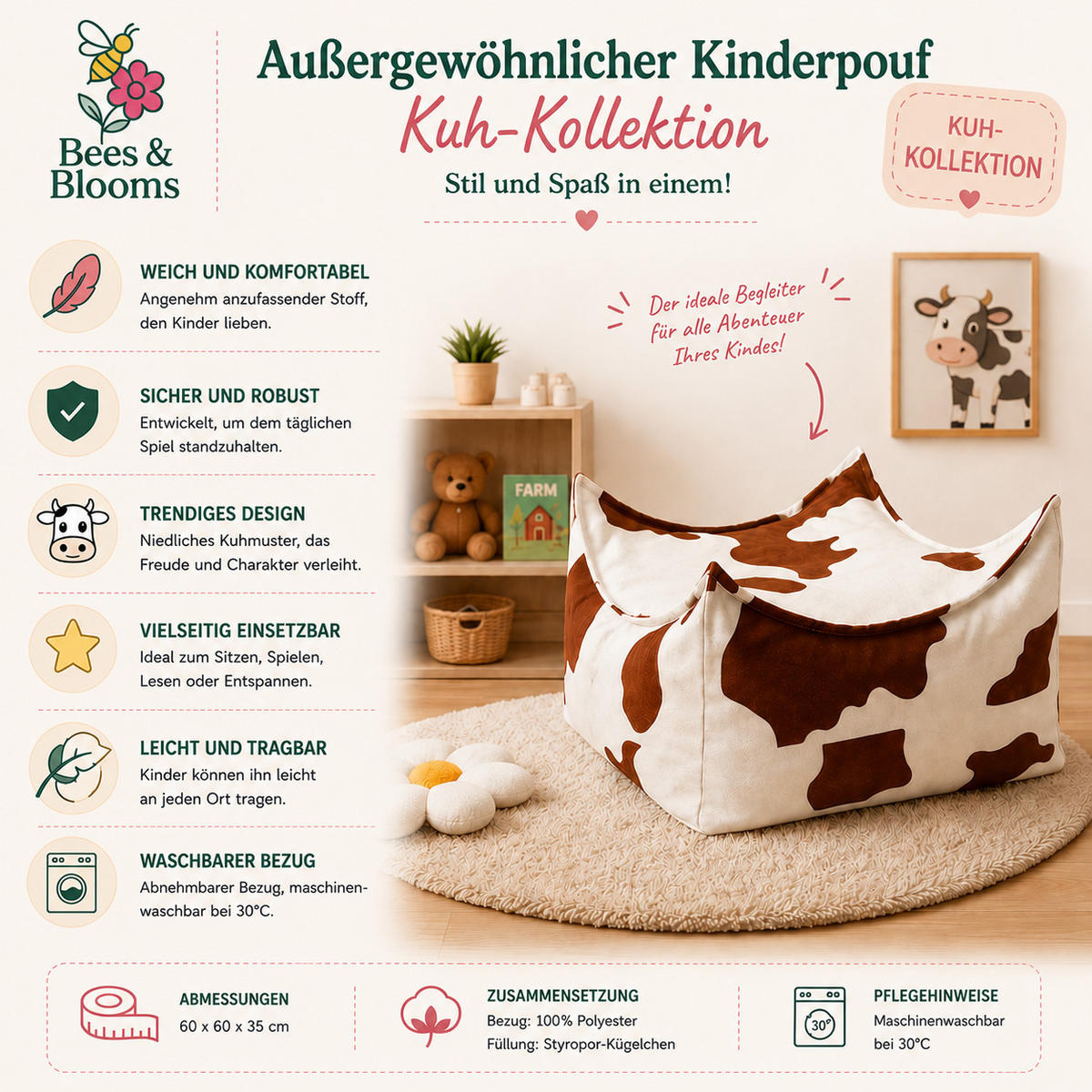 KINDER Sitzpouf Kuhmuster quadratisch – weiches Bodenkissen fürs Kinderzimmer - Creme/Braun, Textil (60/35/60cm) - Bees & Blooms
