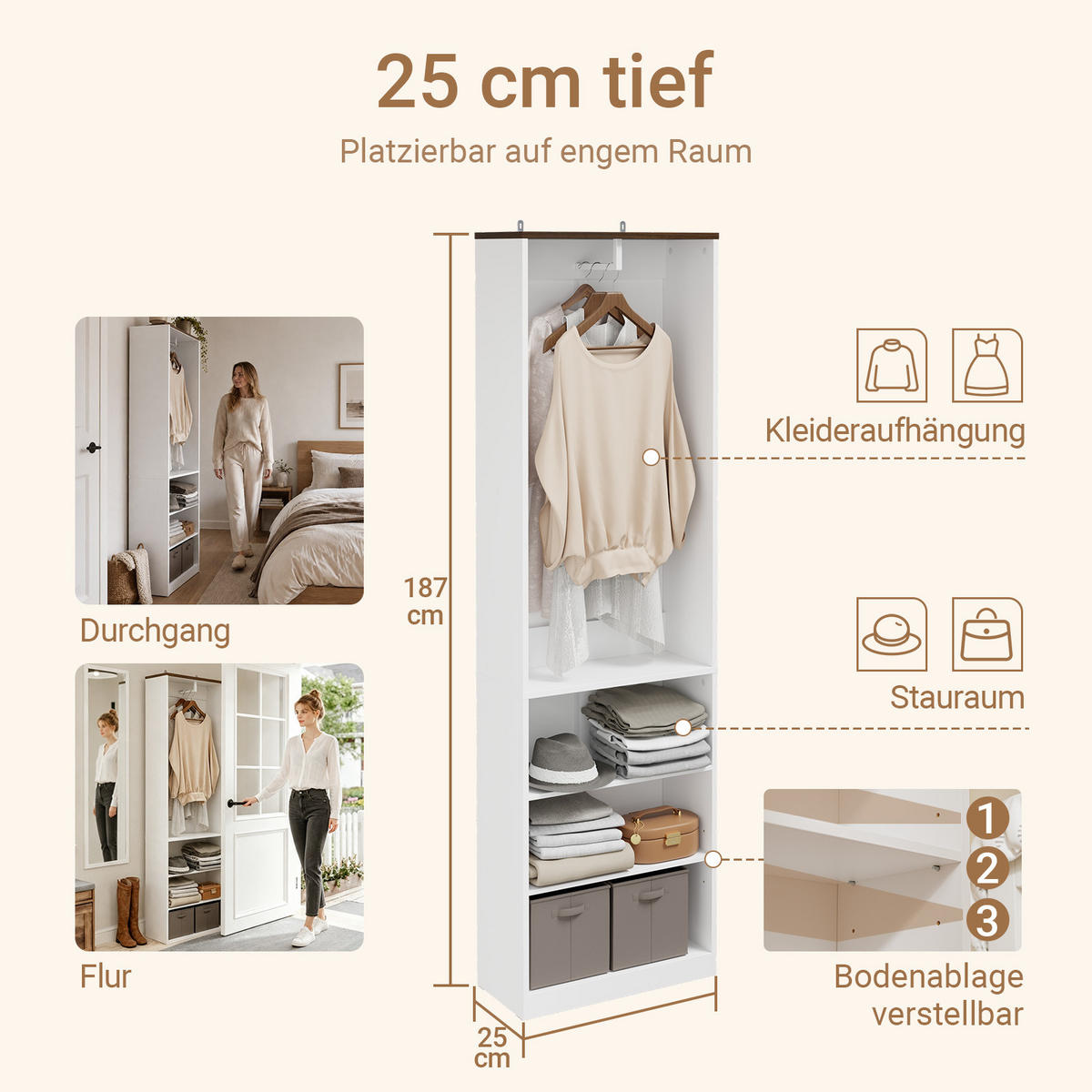 OFFENER Kleiderschrank mit Kleiderstange KSB02-W - Ahornfarben, Fell (55/187/25cm) - SoBuy