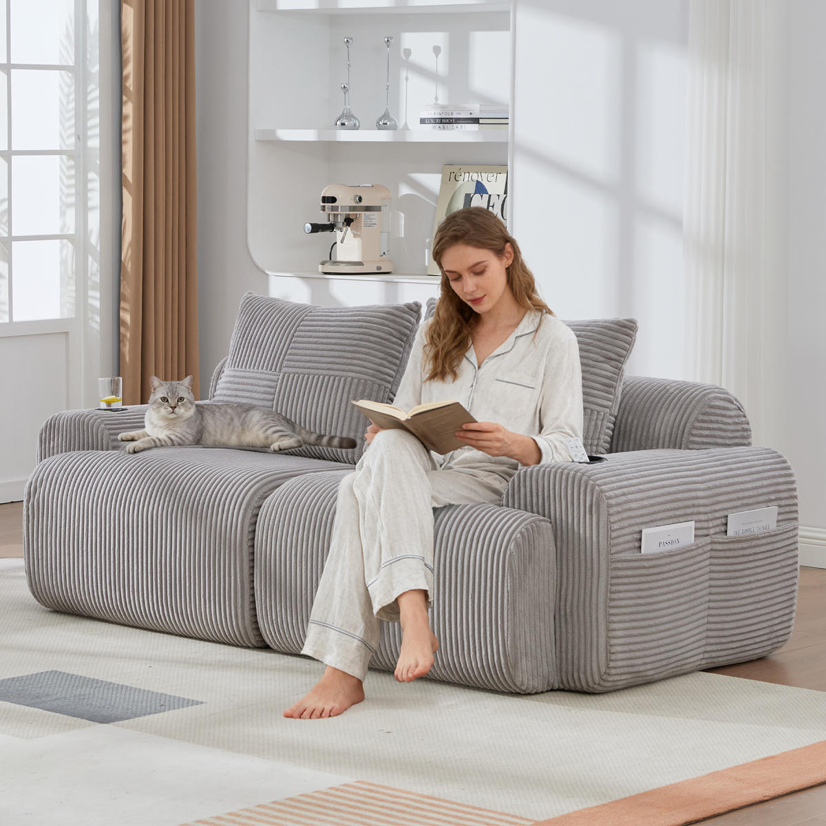 2-SITZER SOFA Cord Hellgrau mit Cupholder und Tasche - Hellgrau, Textil (200/80/99cm) - WISHDOR