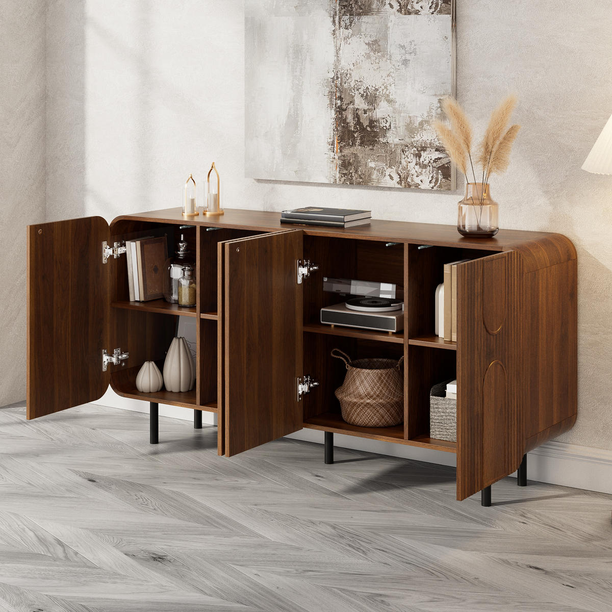 SIDEBOARD Mid-Century 4 Türen Nussbaum 8 Fächer modern - Walnussfarben, Holzwerkstoff (40/79/160cm) - FLIEKS