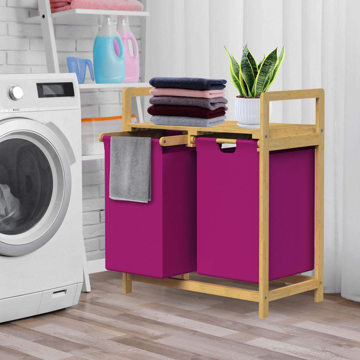 WÄSCHEKORB Bambus Magenta - Beige, Holz (33/73/63cm)