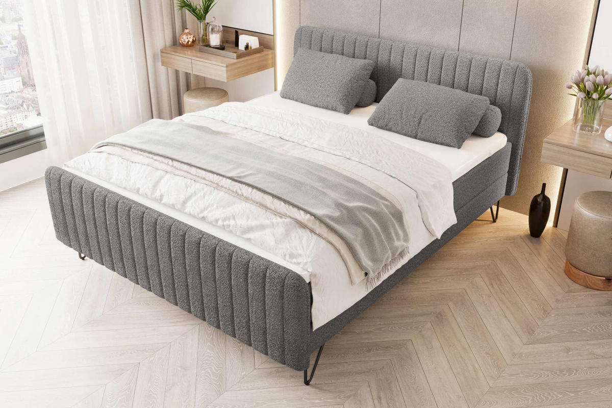 BOXSPRINGBETT LUCIO Bouclé-Stoff Grau 180/200 cm - Schwarz/Grau, Textil/Metall (180/200cm) - 99rooms
