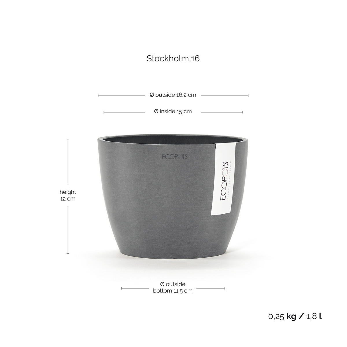 BLUMENTOPF Stockholm Mini 16,2/12 cm Grau - Grau, Kunststoff (16.2/12cm) - Ecopots
