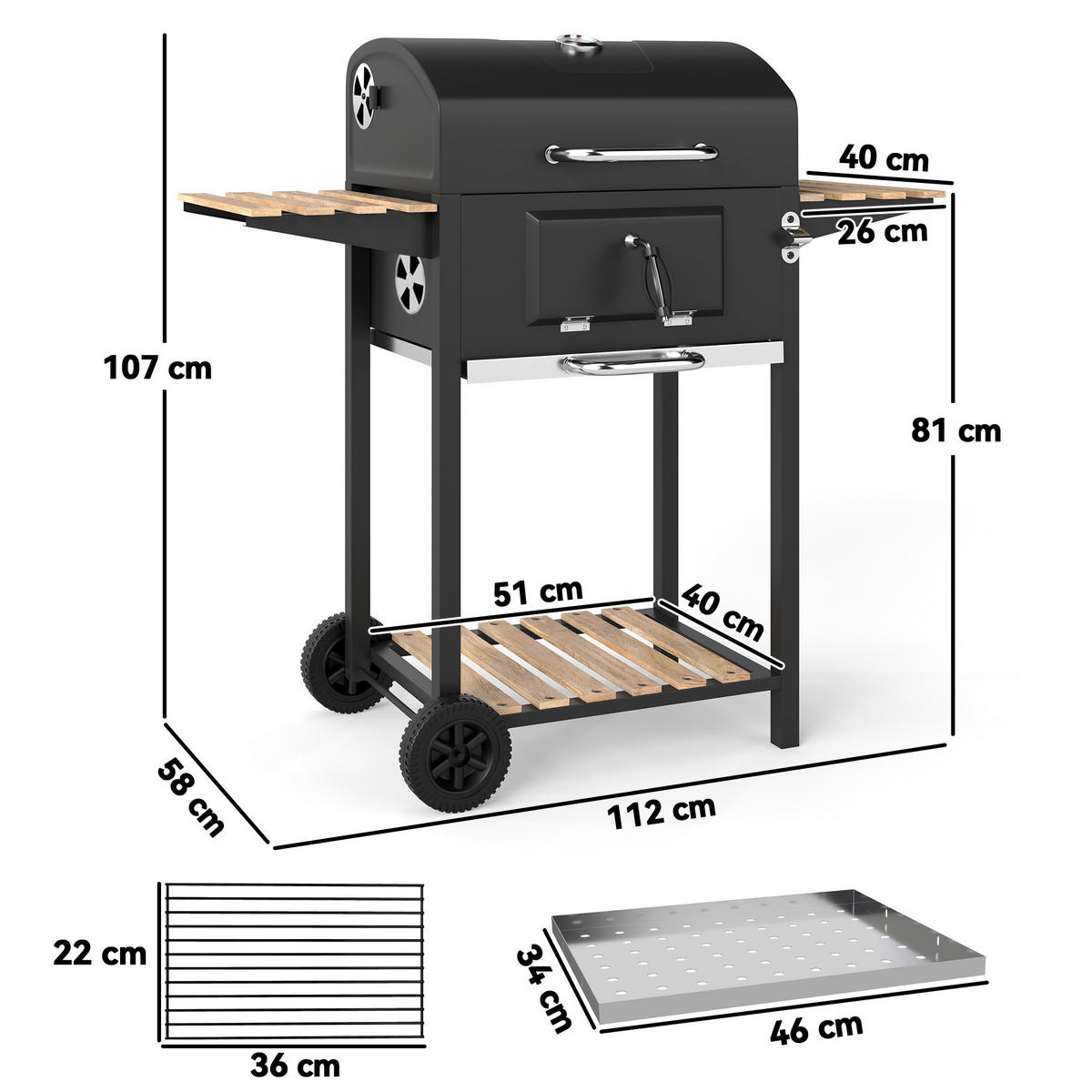 HOLZKOHLEGRILL DE-10325 höhenverstellbare Kohlenpfanne Schwarz - Schwarz, Metall (58/107/112cm) - ComfortXL